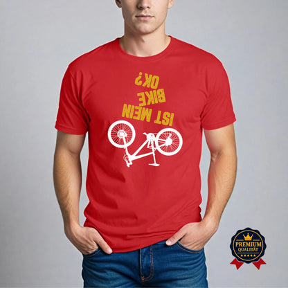 Rotes „Ist mein Bike OK?“ T-Shirt für Radfahrer mit Humor