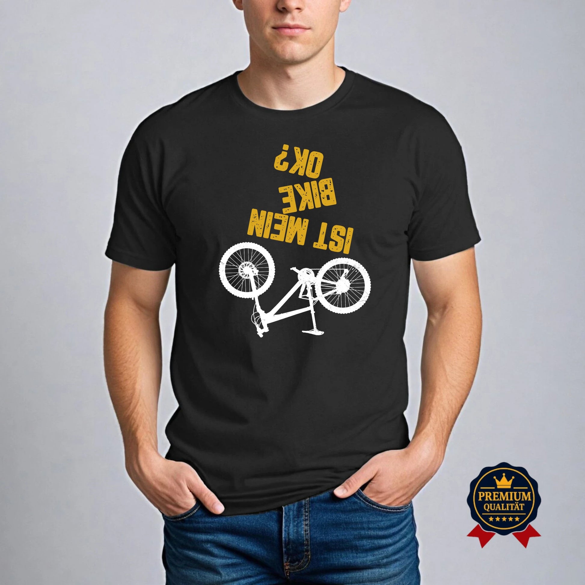 Schwarzes „Ist mein Bike OK?“ T-Shirt für Radfahrer mit Humor