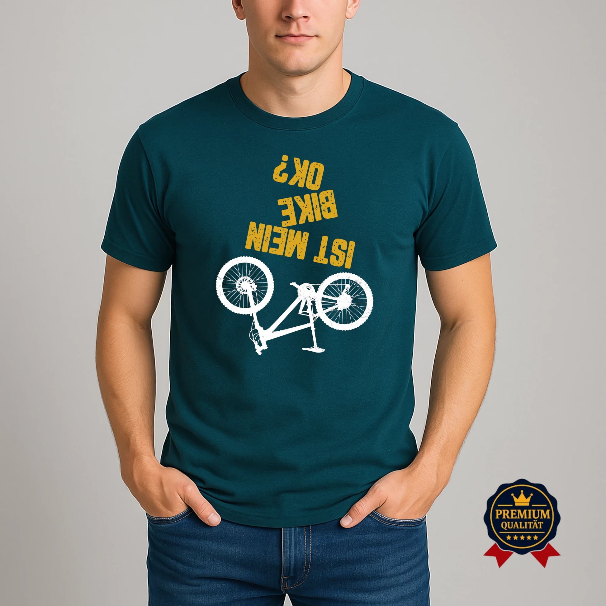 Petrolfarbenes „Ist mein Bike OK?“ T-Shirt für Radfahrer mit Humor
