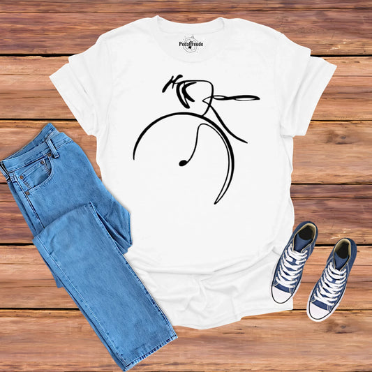 Weißes T-Shirt mit minimalistischer Linienzeichnung eines Radfahrers – künstlerisches Design, perfekt für Fahrrad- und Kunstliebhaber.