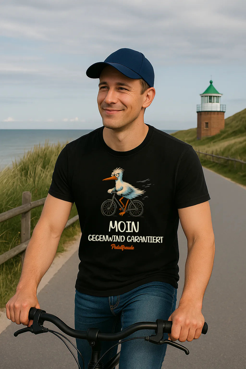 Lifestyle-Foto eines Radfahrers an der Nordseeküste, der ein schwarzes „Moin Gegenwind garantiert“ Fahrrad-T-Shirt von Pedalfreude trägt