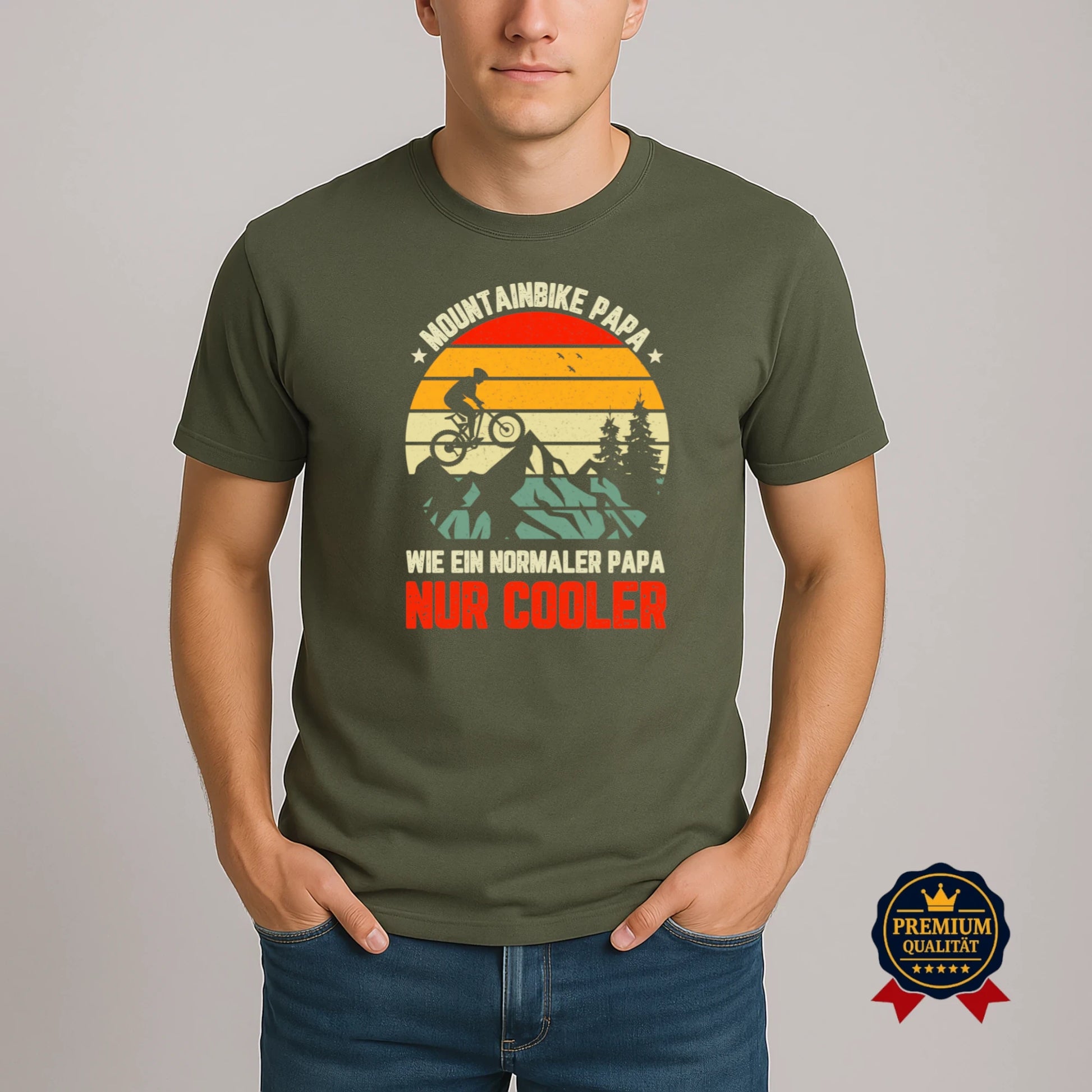 Herren Mountainbike Papa T-Shirt in Khaki – Spruch wie ein normaler Papa nur cooler, lustiges Geschenk für Radfahrer und Väter