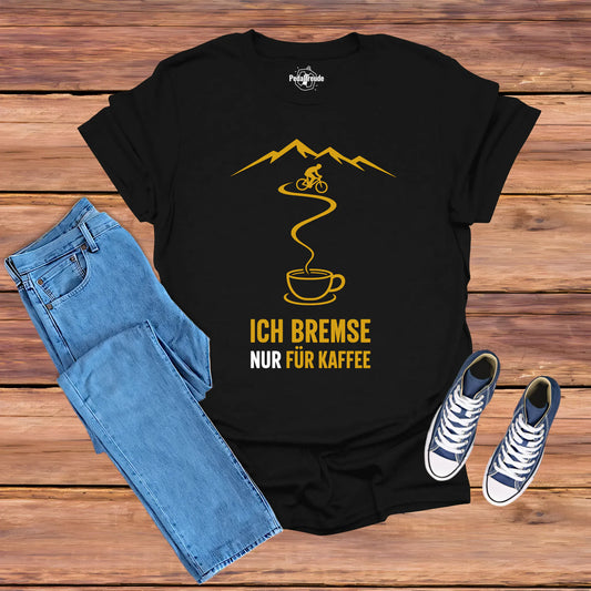 Ich bremse nur für Kaffee Fahrrad T-Shirt aus Bio-Baumwolle, schwarzes Shirt mit Line-Art Kaffee- und Fahrradmotiv