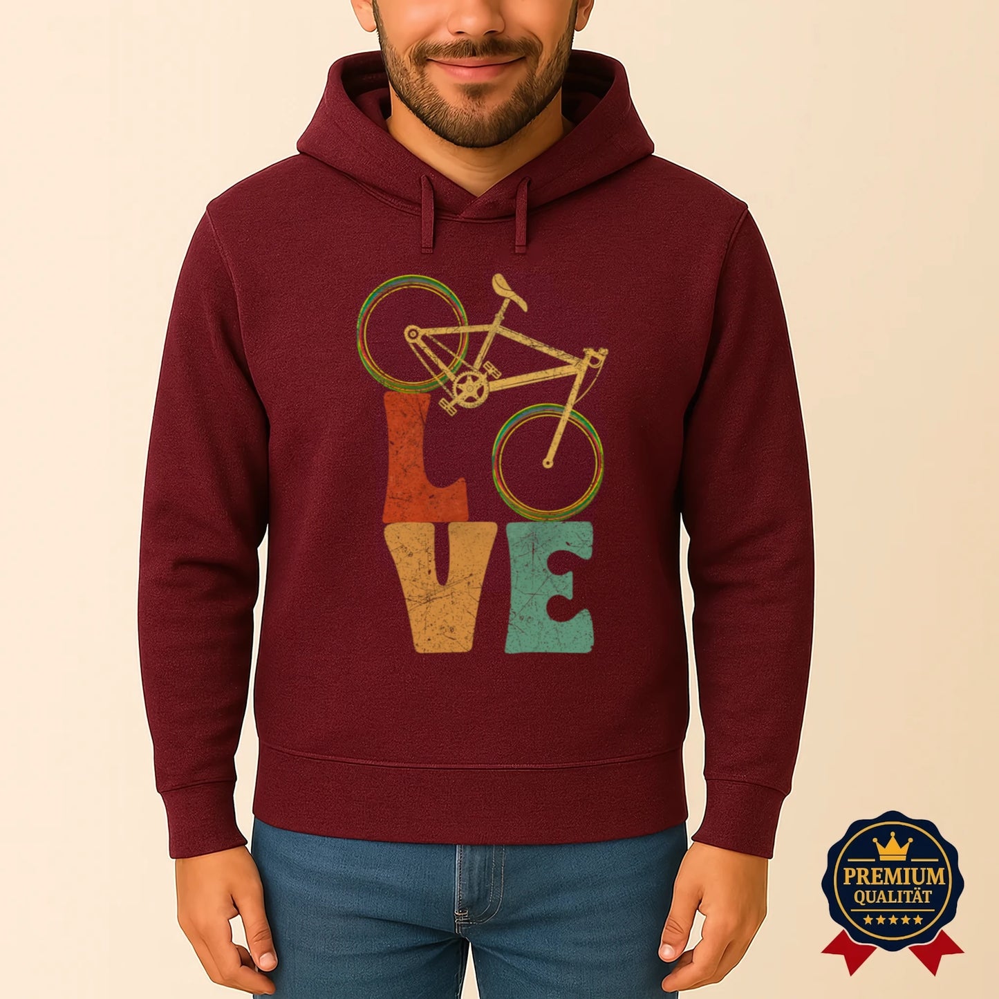 Burgunderfarbener Pedalfreude Hoodie mit Retro-Fahrrad und LOVE-Design – stilvolle Fahrradmode mit Charakter