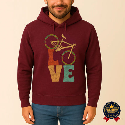 Burgunderfarbener Pedalfreude Hoodie mit Retro-Fahrrad und LOVE-Design – stilvolle Fahrradmode mit Charakter