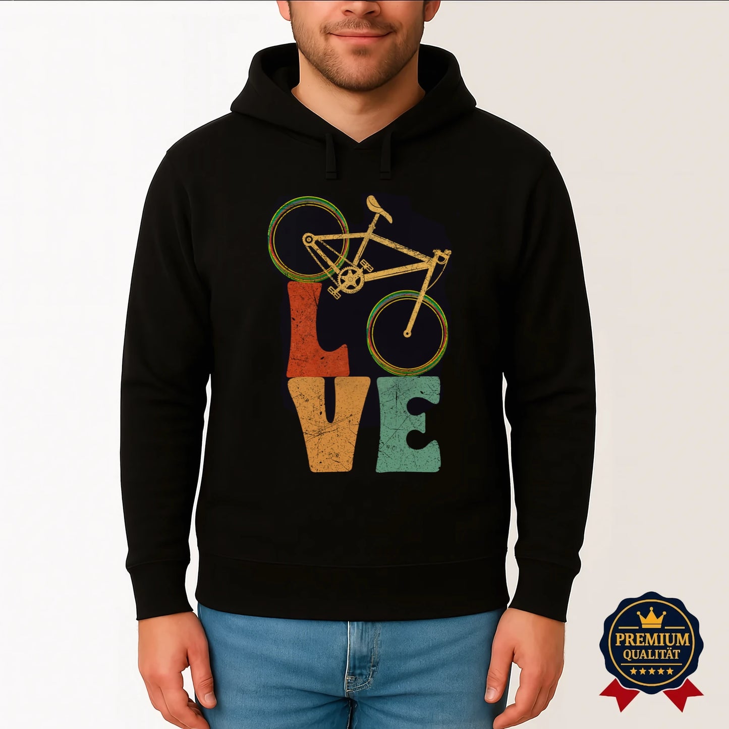 Schwarzer Pedalfreude Hoodie mit Retro-Fahrrad und LOVE-Design – nachhaltige Mode für Radfahrer