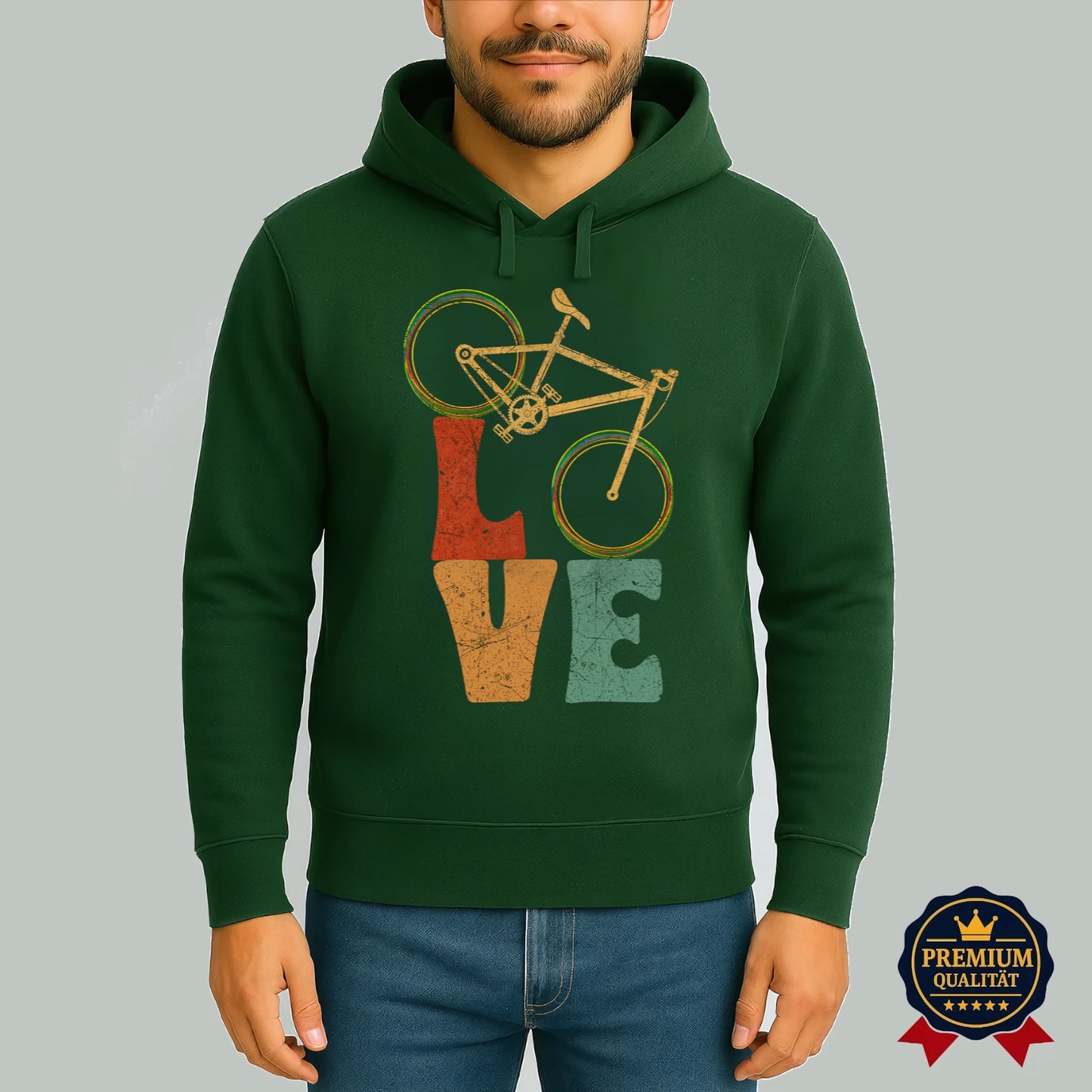 Grüner Pedalfreude Hoodie mit Retro-Fahrrad und LOVE-Design – perfekter Look für Fahrradliebhaber