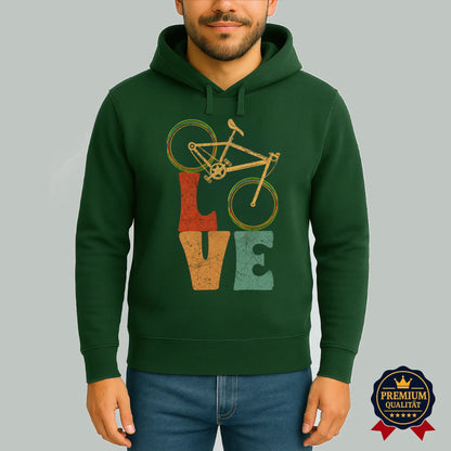 Grüner Pedalfreude Hoodie mit Retro-Fahrrad und LOVE-Design – perfekter Look für Fahrradliebhaber