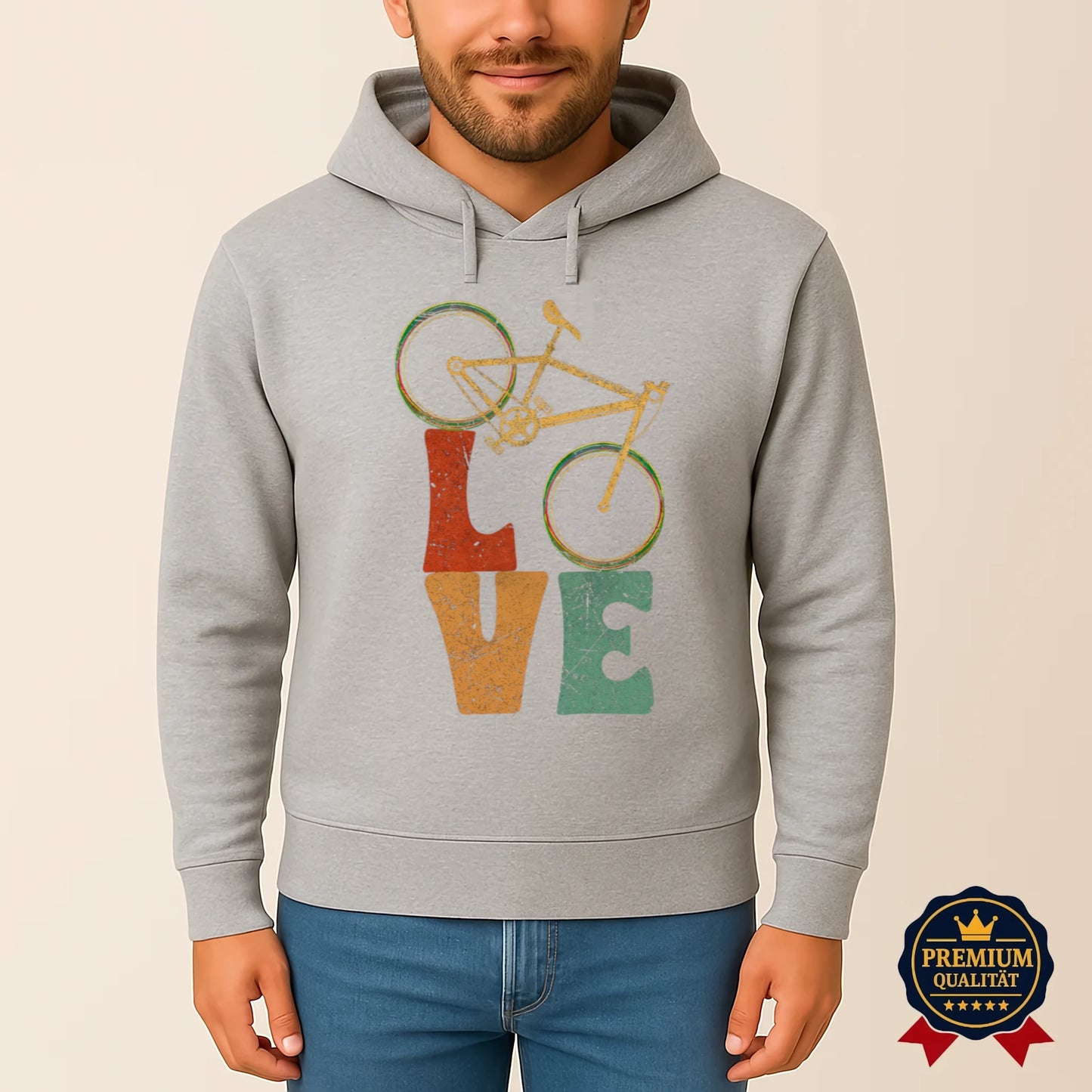 Grauer Pedalfreude Hoodie mit Retro-Fahrrad und LOVE-Design – nachhaltige Fahrradmode für Alltag und Freizeit