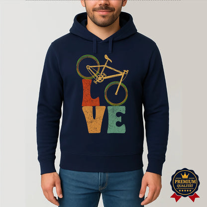 Dunkelblauer Pedalfreude Hoodie mit Retro-Fahrrad und LOVE-Design – nachhaltige Mode für Radfahrer