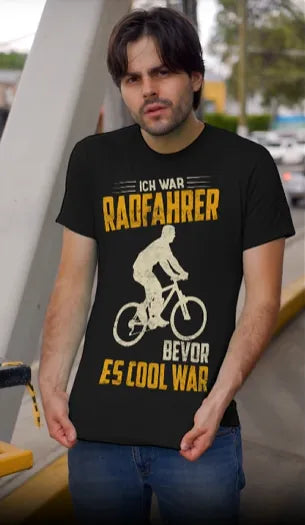 Mann trägt schwarzes Retro Fahrrad T-Shirt mit Spruch „Ich war Radfahrer, bevor es cool war“ – Video