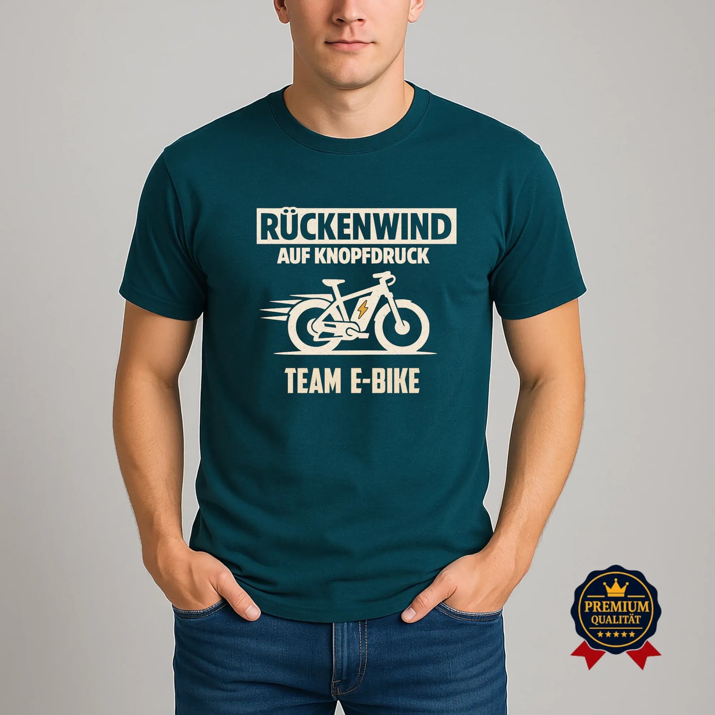 E-Bike T-Shirt „Rückenwind auf Knopfdruck – Team E-Bike“ in Stargazer, Vintage-Print mit E-Bike-Grafik
