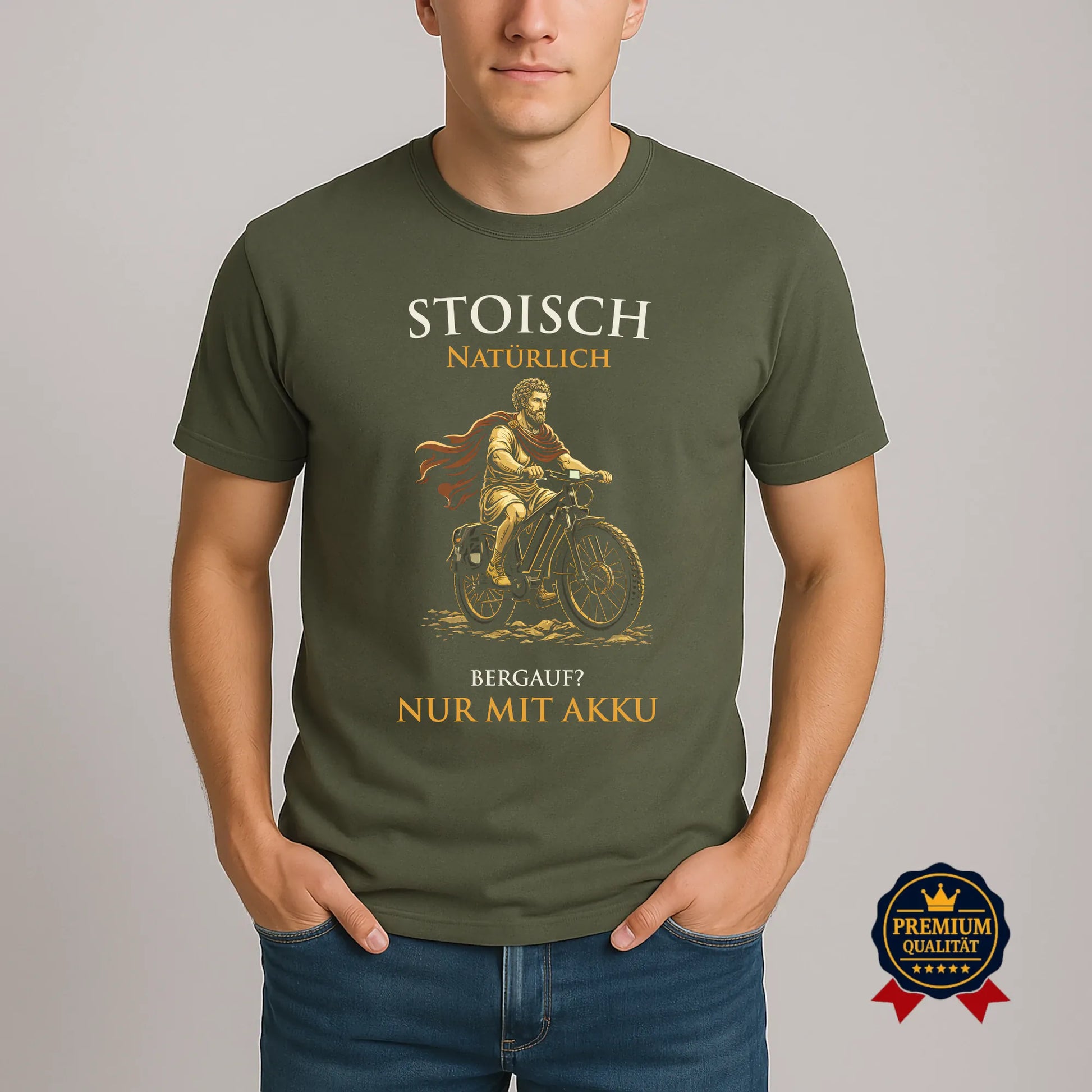 Marcus Aurelius E-Bike T-Shirt „Stoisch. Natürlich.“ in Khaki mit goldener Illustration